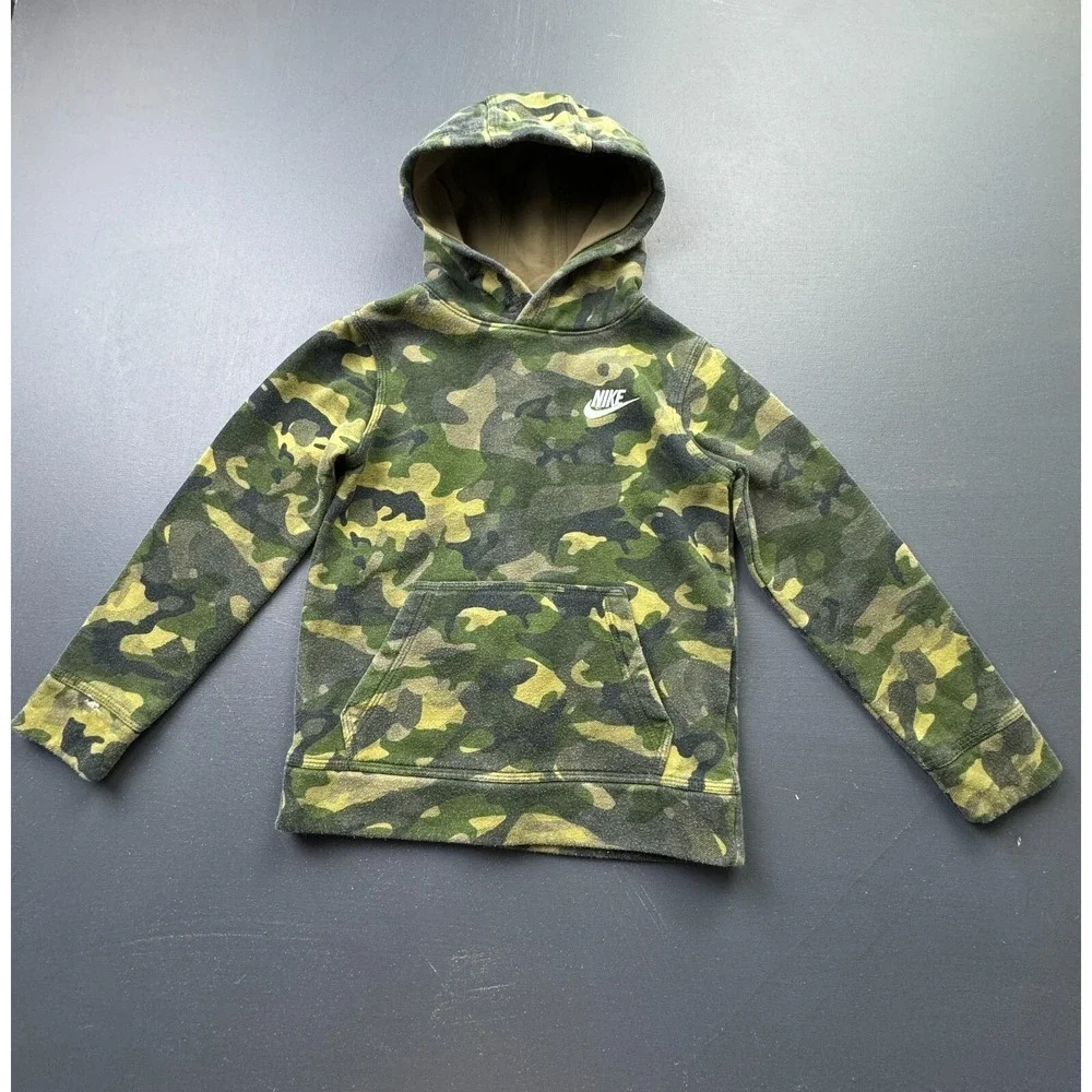 Nike Boys Size 7 Green Camo Hoodie Pullover Fleece Logo Sweatshirt Cotton Casual